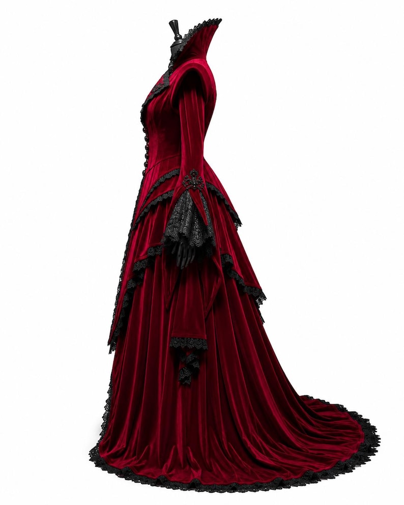 Elegant Gothic Vampire Queen cosplay outfit crafted from premium burgundy velvet, featuring a fitted Victorian bodice, dramatic sleeves, black lace accents, and a long cathedral-style train.