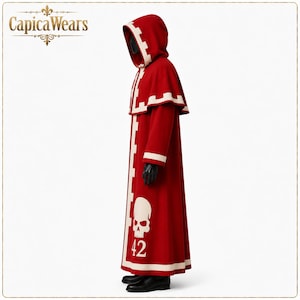 Premium red Tech Priest cosplay outfit with oversized hood and long robe design, ideal for futuristic priest-inspired costume enthusiasts.