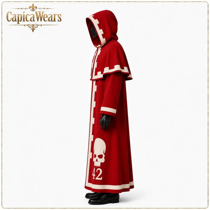 Premium red Tech Priest cosplay outfit with oversized hood and long robe design, ideal for futuristic priest-inspired costume enthusiasts.