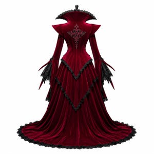 Luxury red velvet Victorian Gothic gown with elegant black lace details, steampunk witch costume for women, perfect for vampire cosplay, masquerade, Halloween, and themed events.