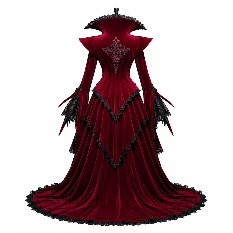 Luxury red velvet Victorian Gothic gown with elegant black lace details, steampunk witch costume for women, perfect for vampire cosplay, masquerade, Halloween, and themed events.