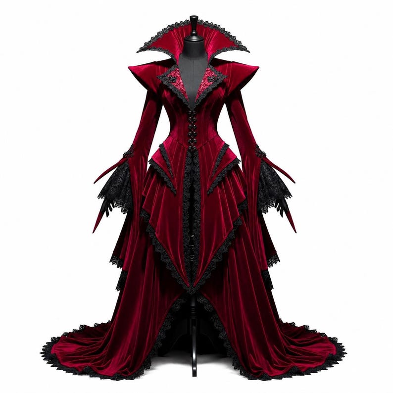 Handmade Gothic Vampire Queen dress in burgundy red velvet with black lace trim, Victorian-inspired Halloween cosplay gown featuring a dramatic high collar and flowing train.