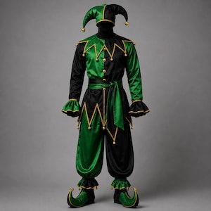 May include: A jester costume featuring a two-toned black and green satin finish. The outfit includes a long-sleeved tunic with a pointed collar, matching trousers, a waist sash, and a multi-pointed hat, all accented with small gold bells.