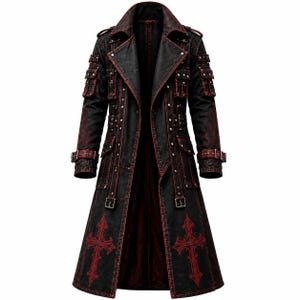 May include: A long black coat featuring red distressed accents, multiple utility pockets with silver studs, buckled straps on the sleeves and waist, and large red cross graphics printed on the lower front panels with a wide lapel collar.