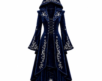 May include: A dark blue velvet hooded coat featuring silver embroidered crescent moons and stars. The garment includes long flared sleeves, a lace-up front closure with dark cord, and a high-low hemline with intricate silver floral embroidery.