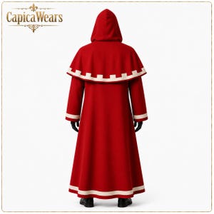 Custom red hooded Tech Priest cosplay robe made from canvas cotton, perfect for sci-fi conventions, cosplay events, and themed costumes.