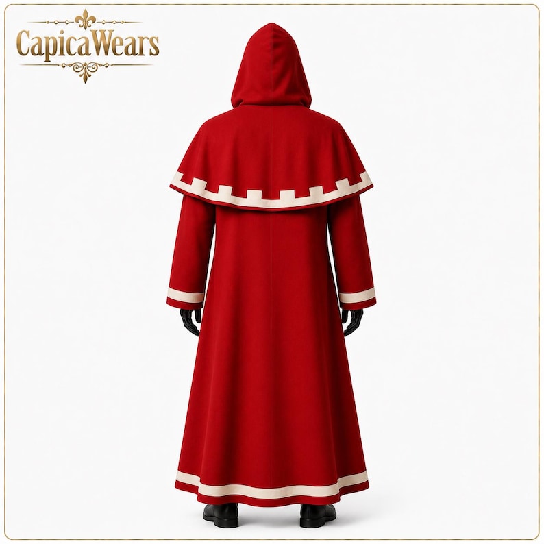 Custom red hooded Tech Priest cosplay robe made from canvas cotton, perfect for sci-fi conventions, cosplay events, and themed costumes.