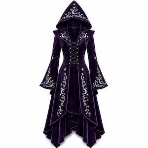 May include: A deep purple velvet hooded coat featuring long flared sleeves and a high-low hemline. The garment is decorated with white embroidered crescent moon and star motifs along the hood, lapels, sleeves, and front, with a black lace-up closure.