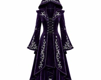 May include: A deep purple velvet hooded coat featuring long flared sleeves and a high-low hemline. The garment is decorated with white embroidered crescent moon and star motifs along the hood, lapels, sleeves, and front, with a black lace-up closure.