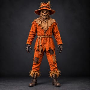 May include: A scarecrow costume featuring a wide-brimmed orange hat, a burlap-textured hood, and a long-sleeved orange tunic with a rope belt. The pants include dark brown patches, frayed hems, and straw accents at the ankles and wrists.
