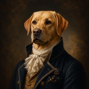 May include: A portrait of a yellow Labrador Retriever wearing a dark blue military-style jacket with gold buttons, a tan waistcoat, and a white ruffled cravat. The dog has a serious expression and is adorned with a small decorative brooch on the lapel.