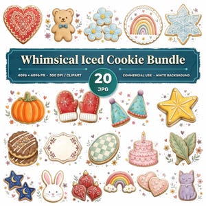 Op de afbeelding: Een digitale collectie van 20 illustraties van versierde koekjes, waaronder een hart, teddybeer, bloemen, regenboog, sneeuwvlok, pompoen, wanten, feesthoedjes, ster, chocoladekoekjes, taart, bladeren, maan, konijn, ornamenten en een kat.
