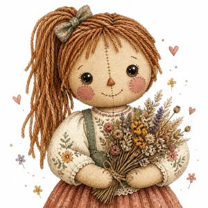 Può includere: Una bambola di stoffa con capelli di lana legati in una coda di cavallo con un fiocco, che indossa una camicetta color crema con motivi floreali e una gonna scura. La bambola tiene un bouquet di fiori secchi, circondata da cuori e fiori fluttuanti.