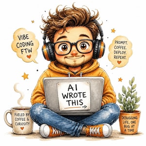 May include: A cartoon illustration of a person with messy brown hair wearing black glasses and orange headphones, sitting cross-legged with a laptop labelled AI WROTE THIS. Text bubbles read VIBE CODING FTW and PROMPT. COFFEE. DEPLOY. REPEAT. A coffee mug and plant are nearby.