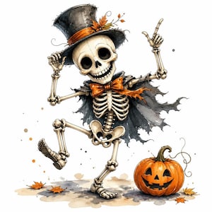 May include: A watercolor illustration of a dancing skeleton wearing a black top hat with an orange band and autumn leaves, a black cape, and an orange bow tie. The skeleton is posed with one arm raised and stands beside a carved orange jack-o'-lantern.