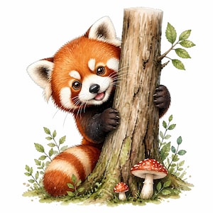 Op de afbeelding: Een rode panda met roodbruine vacht, witte gezichtsmarkeringen en een gestreepte staart die achter een getextureerde boomstam vandaan komt. Twee rood-witte stippenpaddenstoelen groeien aan de voet van de boom, omringd door kleine groene planten.