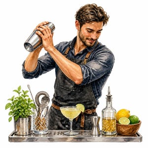 May include: A person wearing a dark shirt and black apron shakes a metal cocktail shaker. On the counter are a mint plant, a mixing glass with tools, a coupe glass with a lime wedge, a jigger, a glass bottle of liquid, and a bowl of citrus fruits.