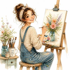 Può includere: Un'illustrazione digitale di una persona con una fascia per capelli, che indossa un maglione beige e una salopette di jeans blu, intenta a dipingere un bouquet floreale su una tela posta su un cavalletto di legno. Una tazza con il testo create inspire repeat contiene pennelli.
