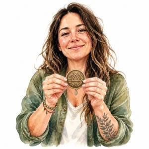 Può includere: Un medaglione circolare color bronzo con un triangolo centrale incorniciato da un motivo a corona d'alloro. Il medaglione è tenuto tra le mani e presenta una finitura metallica dettagliata con texture in rilievo sulla superficie.
