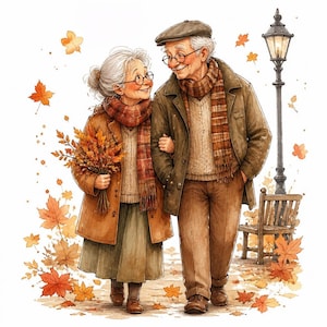 May include: An elderly couple walking together, both wearing brown coats, scarves, and sweaters. The person on the left holds a bouquet of autumn leaves. They are surrounded by falling orange maple leaves, a wooden park bench, and a street lamp.