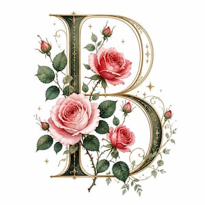 May include: A decorative letter B featuring a dark green and gold metallic border, adorned with blooming pink and red roses, green leaves, thorny stems, and small golden star accents scattered around the floral arrangement.