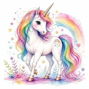 32 JPG Watercolor Unicorn Clipart: Rainbow Fantasy Art (Digital Download)