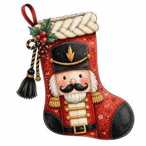Puede incluir: Un calcetín navideño rojo con una ilustración de un cascanueces con sombrero negro, bigote y detalles dorados. El calcetín tiene un puño trenzado blanco, un lazo rojo para colgar y una borla negra decorativa con bayas de acebo.