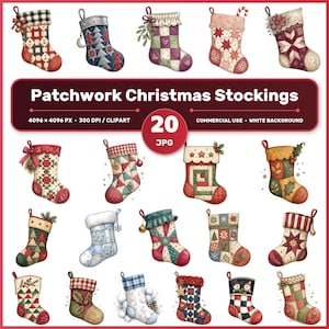 Puede incluir: Una colección de veinte ilustraciones digitales de calcetines navideños de patchwork con varios patrones, colores y texturas. Se muestra el texto Patchwork Christmas Stockings, 4096 x 4096 px, 300 DPI, 20 JPG y commercial use.