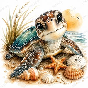 May include: A watercolor illustration of a sea turtle with large eyes on a sandy beach. The turtle is surrounded by a starfish, a sand dollar, and two seashells. Tall beach grass grows to the left, and a soft yellow sun sets over the ocean.