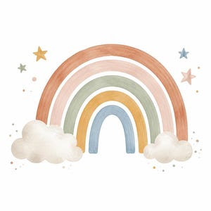 Puede incluir: Una ilustración en acuarela de un arcoíris multicolor con bandas en terracota, rosa suave, verde salvia, amarillo mostaza y azul polvoriento. El arcoíris está flanqueado por dos nubes blancas esponjosas y acentuado con pequeñas estrellas.