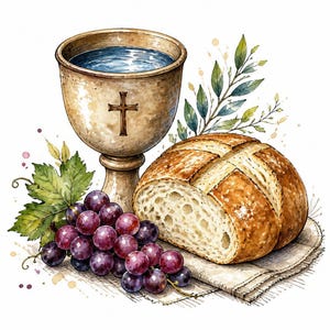 May include: A watercolor illustration featuring a tan chalice filled with blue liquid and marked with a brown cross, a round loaf of scored bread on a cloth, and a cluster of purple grapes with green leaves, all arranged on a white background.