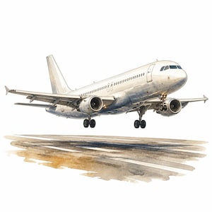 32 JPG Airliner Takeoff & Landing Clipart Bundle, Watercolor Commercial Plane Illustrations