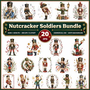 Peut inclure: Une collection numérique de 20 images clipart Nutcracker Soldiers Bundle représentant divers casse-noisettes en uniformes rouges, bleus et verts, certains tenant des épées, des tambours ou des lanternes, entourés de verdure festive et de flocons.