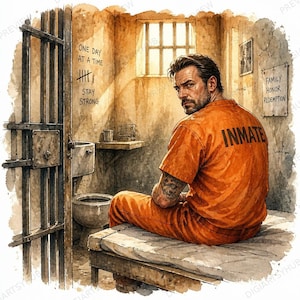 May include: A watercolor illustration of a person in an orange jumpsuit with the word INMATE on the back, sitting on a cot in a prison cell. The wall features the text ONE DAY AT A TIME, STAY STRONG, and a sign reading FAMILY HONOR REDEMPTION.