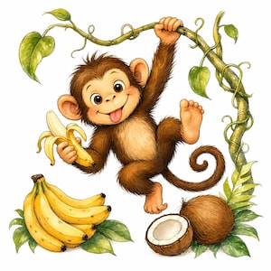 May include: A brown cartoon monkey with a light tan face and belly hangs from a green vine, holding a peeled yellow banana. Below the monkey, a bunch of yellow bananas and two coconuts, one whole and one halved, rest on green leaves.