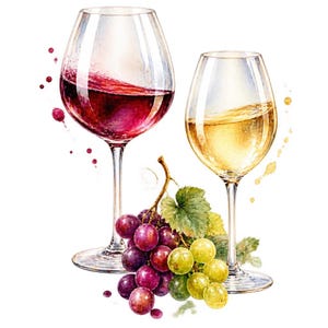 Pode incluir: Uma ilustração em aguarela apresentando dois copos transparentes com haste, um cheio de vinho tinto profundo e o outro com vinho amarelo pálido, acompanhados por um cacho de uvas roxas e verdes com folhas e salpicos de tinta espalhados.