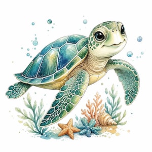 May include: A watercolor illustration of a sea turtle with a teal and green patterned shell swimming above a sandy ocean floor. The scene includes a light orange starfish, a blue sea urchin, a spiral seashell, and green aquatic plants.