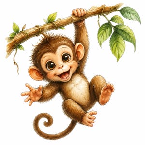 May include: A brown monkey with large dark eyes and a light-coloured chest hanging from a wooden branch. The monkey has a curled tail, fuzzy fur, and a wide smile. The branch features green leaves and thin vines wrapped around the textured wood.