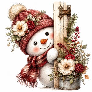 May include: A snowman wearing a red knit hat with a pom-pom and a matching plaid scarf, peeking from behind a wooden post. The scene includes white flowers, red roses, green pine branches, and red berries arranged in a metal bucket.