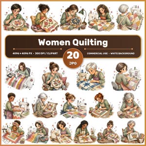 May include: A digital collection of 20 illustrations featuring various individuals engaged in quilting and sewing activities, including hand stitching and machine sewing, with colorful fabric patterns and sewing tools on a white background.