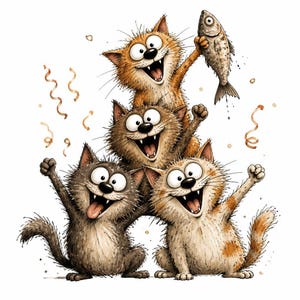 Può includere: Un'illustrazione a cartoni animati di quattro gatti impilati a piramide, tutti con occhi spalancati e bocche aperte. Il gatto in cima tiene un pesce, mentre i due gatti in basso hanno le zampe anteriori sollevate. Coriandoli dorati vorticano attorno ai gatti.