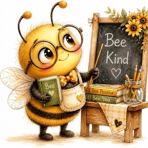 Puede incluir: Una abeja amarilla y negra peluda con gafas redondas y pajarita de lunares, sosteniendo un libro verde etiquetado como Bee. Al lado, una pizarra de madera muestra el texto Bee Kind con un corazón y un tarro de lápices sobre un escritorio.