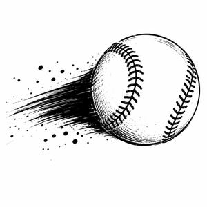 May include: A black and white ink-style illustration of a baseball in motion. The ball features detailed cross-stitching and is depicted with horizontal motion lines and scattered ink dots trailing behind it to suggest high-speed movement.