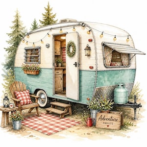 Pode incluir: Uma caravana de estilo vintage com pintura exterior creme e verde-azulado, com um cordão de luzes, uma coroa na porta e um interior aberto. No exterior, uma cadeira de madeira com uma almofada xadrez vermelha e uma caixa com Adventure Awaits.
