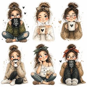 Puede incluir: Un conjunto de ilustraciones digitales con seis personajes con moños, vistiendo suéteres y jeans, sosteniendo tazas de café. Algunas tazas muestran textos como But first, Coffee, Coffee Therapy y Coffee is my HAPPY PLACE, junto a corazones.