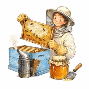 Puede incluir: Una ilustración en acuarela de un apicultor con traje protector blanco y velo sosteniendo un marco de panal de madera lleno de abejas. Junto a ellos hay una colmena azul, un ahumador de metal, un tarro de miel y un peine para miel.