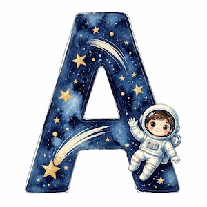 May include: A capital letter A featuring a dark blue watercolour space pattern with yellow stars and white shooting stars. A cartoon astronaut in a white suit with a clear helmet is positioned on the right side of the letter, waving a hand.