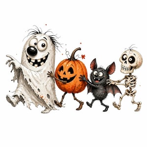 May include: A cartoon illustration featuring four characters walking in a line: a white ghost with a wide grin, an orange jack-o'-lantern with a carved face, a small black furry bat with large ears, and a beige skeleton with a wide, toothy smile.