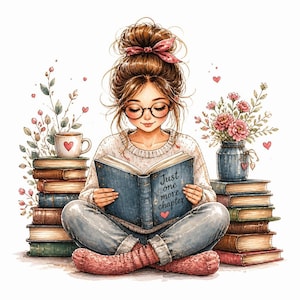 Può includere: Un'illustrazione ad acquerello di una persona con uno chignon castano e occhiali, seduta a gambe incrociate mentre legge un libro blu con la scritta Just one more chapter. Indossa un maglione bianco e calzini rosa, circondata da pile di libri.