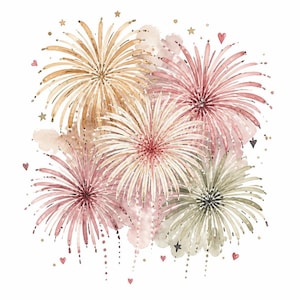 Könnte beinhalten: Eine Aquarellillustration mit fünf stilisierten Feuerwerkskörpern in Gold-, Altrosa- und gedeckten Salbeigrüntönen. Das Design ist mit kleinen verstreuten goldenen Sternen, winzigen rosa Herzen und zarten Farbspritzern auf weißem Hintergrund verziert.